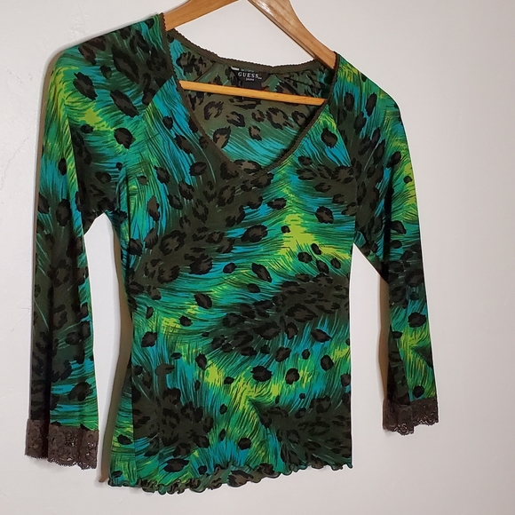 Playful Peacock Brightly Colored Leopard Blend V-Neck with Lace Edging - Picture 12 of 13